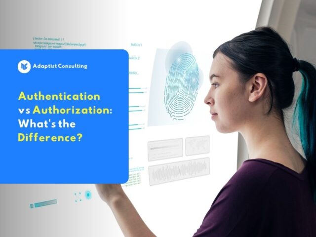 A Female Employeee scanning biometric fingerprint on a digital interface illustrating the difference between authentication vs authorization.