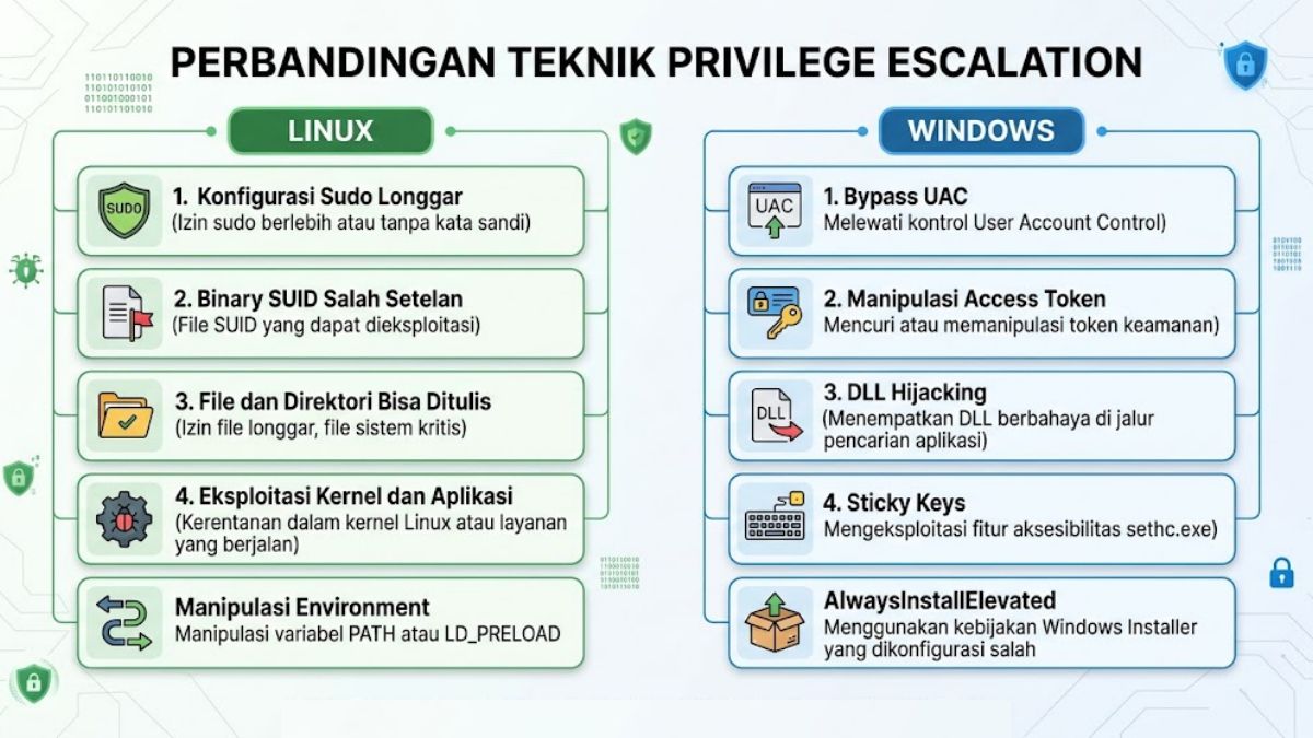Perbandingan lima teknik privilege escalation di Linux dan lima teknik di Windows