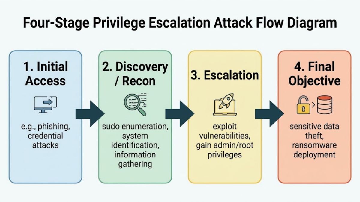 The four-stage privilege escalation attack chain from initial access to end goal
