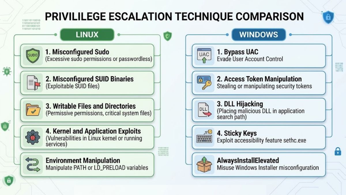 Comparing five privilege escalation techniques on Linux and five on Windows"