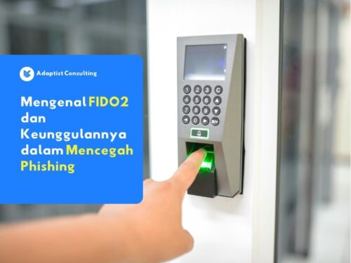 Pemindai sidik jari pada kunci keamanan biometrik untuk mengakses sistem peladen perusahaan secara passwordless menggunakan standar FIDO2.