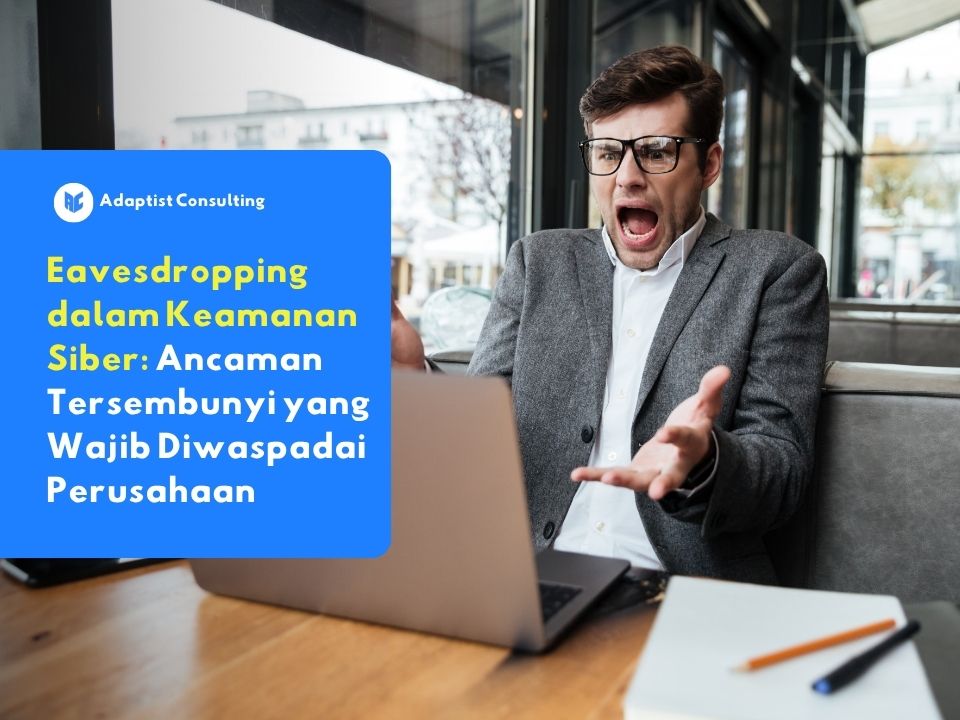 Karyawan terkejut melihat laptop saat menyadari ancaman eavesdropping dan penyadapan data pada sistem keamanan siber perusahaan