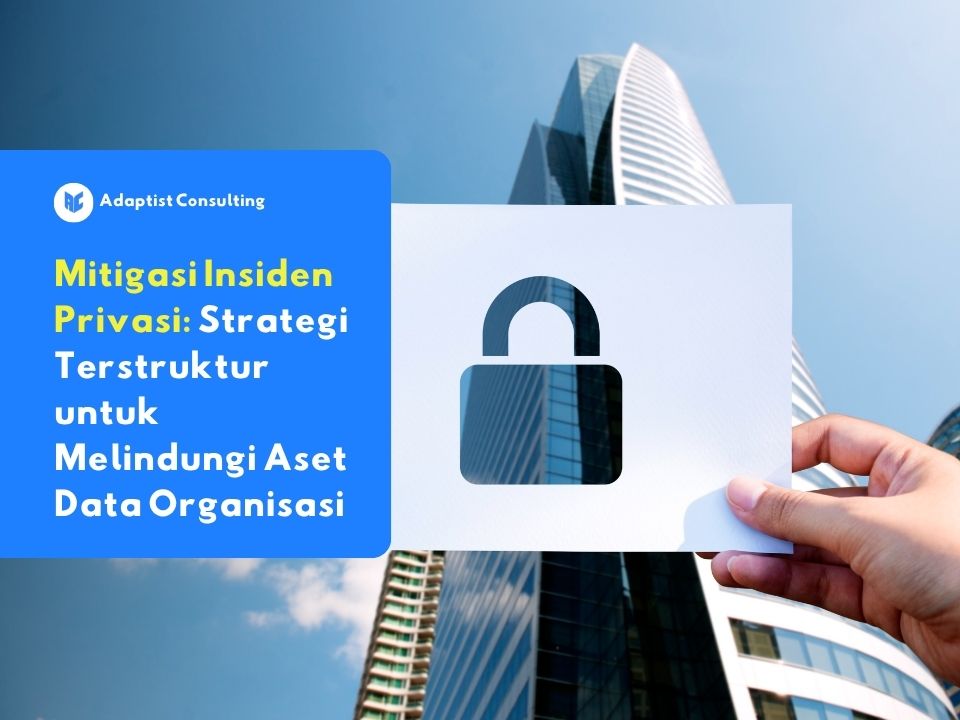 Ilustrasi gembok sebagai simbol keamanan data di depan gedung perusahaan, merepresentasikan pentingnya mitigasi insiden privasi dan perlindungan data pribadi dalam organisasi sesuai UU PDP.