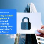 An illustration of a padlock as a symbol of data security in front of a company building, representing the importance of mitigating privacy incidents and protecting personal data within an organization in accordance with the Personal Data Protection Act.