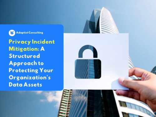 An illustration of a padlock as a symbol of data security in front of a company building, representing the importance of mitigating privacy incidents and protecting personal data within an organization in accordance with the Personal Data Protection Act.