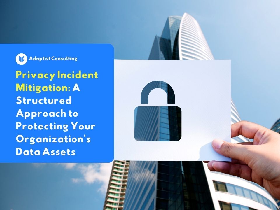 An illustration of a padlock as a symbol of data security in front of a company building, representing the importance of mitigating privacy incidents and protecting personal data within an organization in accordance with the Personal Data Protection Act.