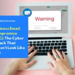 An illustration of an open laptop showing an email interface with a warning indicator, representing Business Email Compromise (BEC) threats targeting digital business communications.