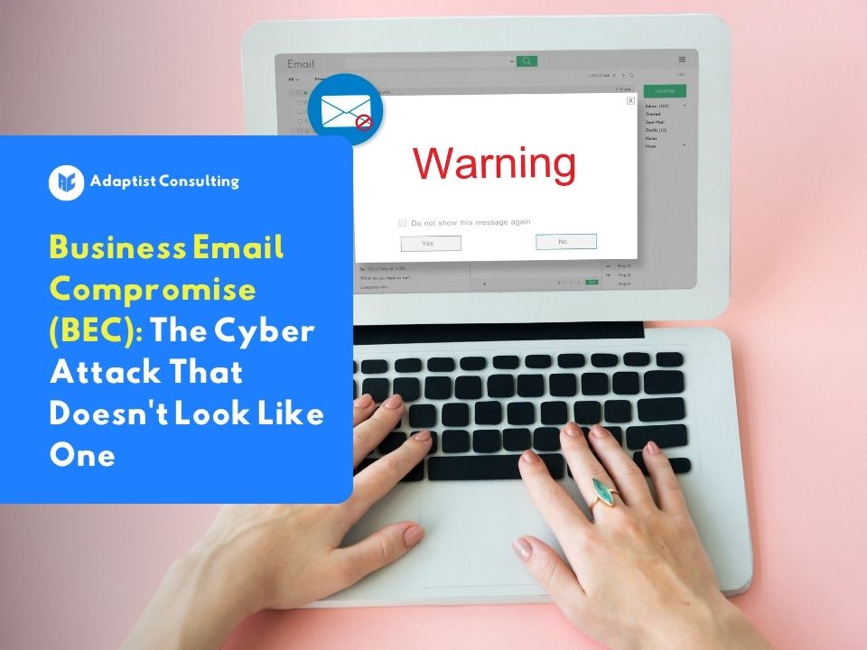 An illustration of an open laptop showing an email interface with a warning indicator, representing Business Email Compromise (BEC) threats targeting digital business communications.
