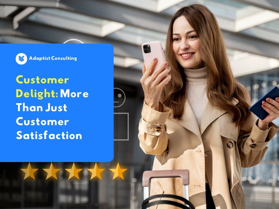 The customer smiles while holding their smartphone after completing an online purchase, reflecting a customer experience that exceeds their expectations.