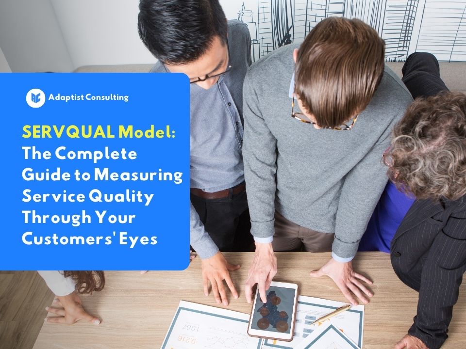A team of company employees is discussing and analyzing the results of the SERVQUAL survey to measure customer service quality.