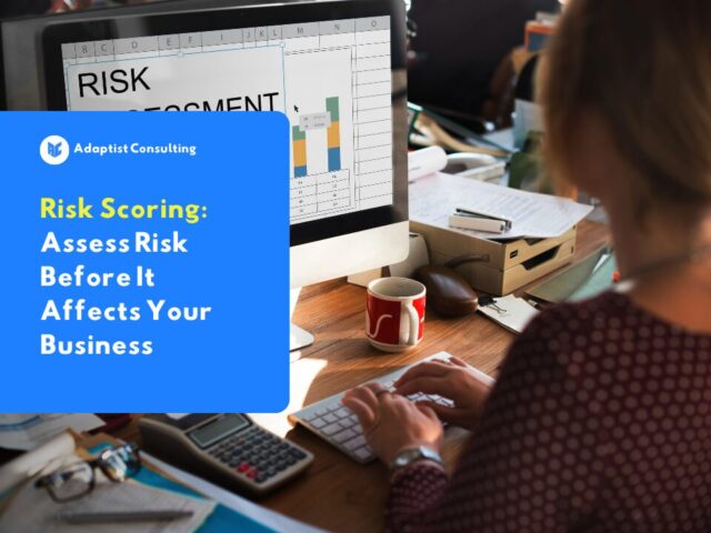 A professional working on a laptop displaying a risk assessment dashboard, illustrating the concept of structured risk scoring in business operations.