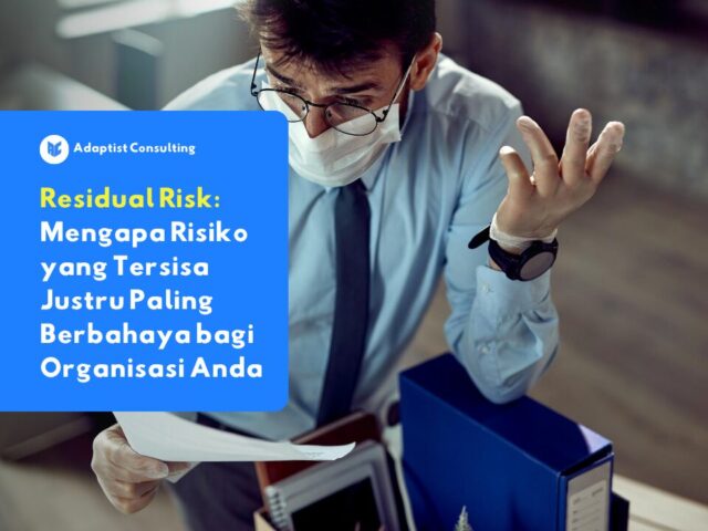 Residual Risk illustration: seorang profesional terlihat cemas sambil memeriksa dokumen di kantor, menggambarkan risiko tersembunyi yang masih tersisa meski kontrol keamanan telah diterapkan.