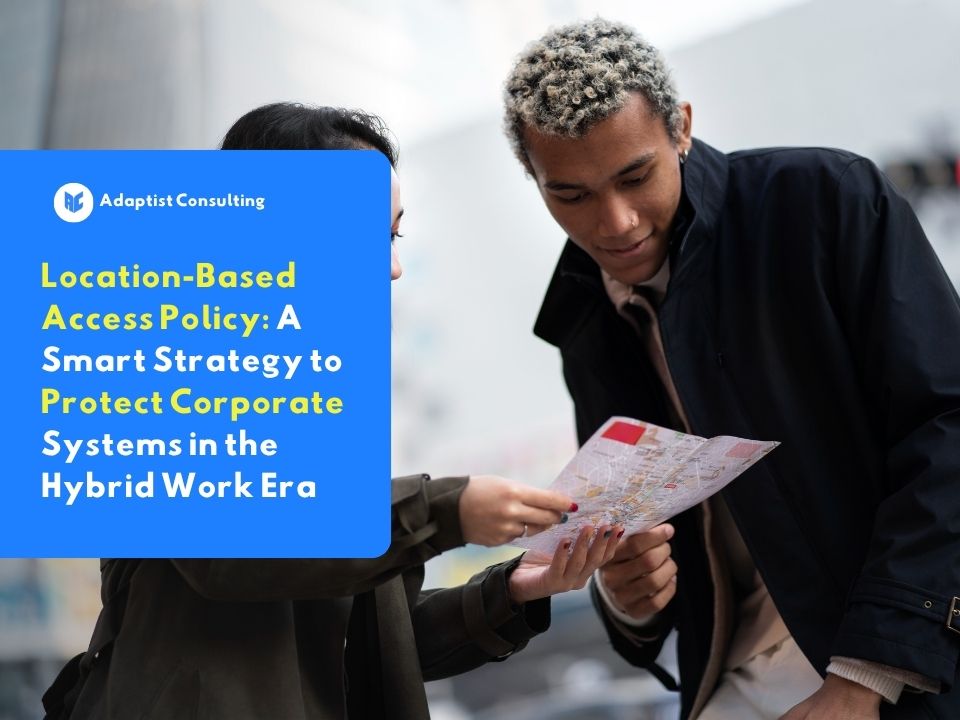 Two professionals discussing over a map, illustrating the concept of location-based access policy in corporate system security