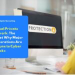 A business professional working on a computer with a data protection symbol, illustrating a Virtual Private Network as a crucial network security solution by Adaptist Consulting.