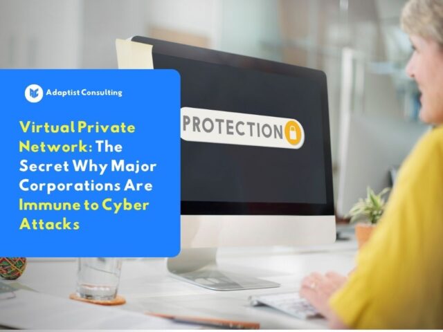 A business professional working on a computer with a data protection symbol, illustrating a Virtual Private Network as a crucial network security solution by Adaptist Consulting.
