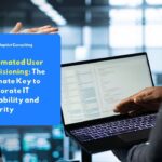 Information technology staff discussing automated user provisioning strategies for business infrastructure security in front of a laptop.