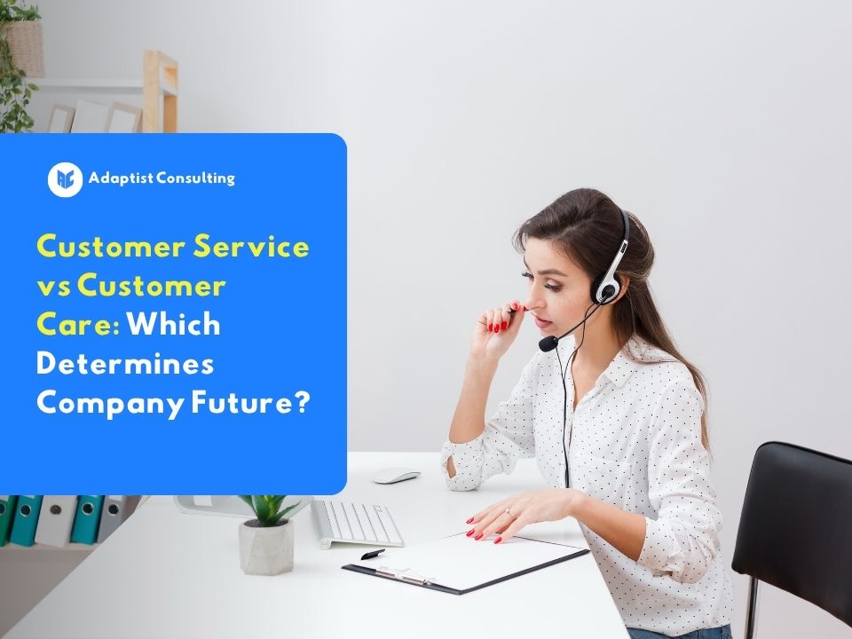 A female staff member with a headset and microphone working at an office desk, representing the concepts of Customer Service and Customer Care.