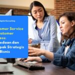 Dua profesional berkolaborasi di depan komputer, merepresentasikan sinergi antara customer service dan customer success dalam membangun strategi retensi klien jangka panjang.