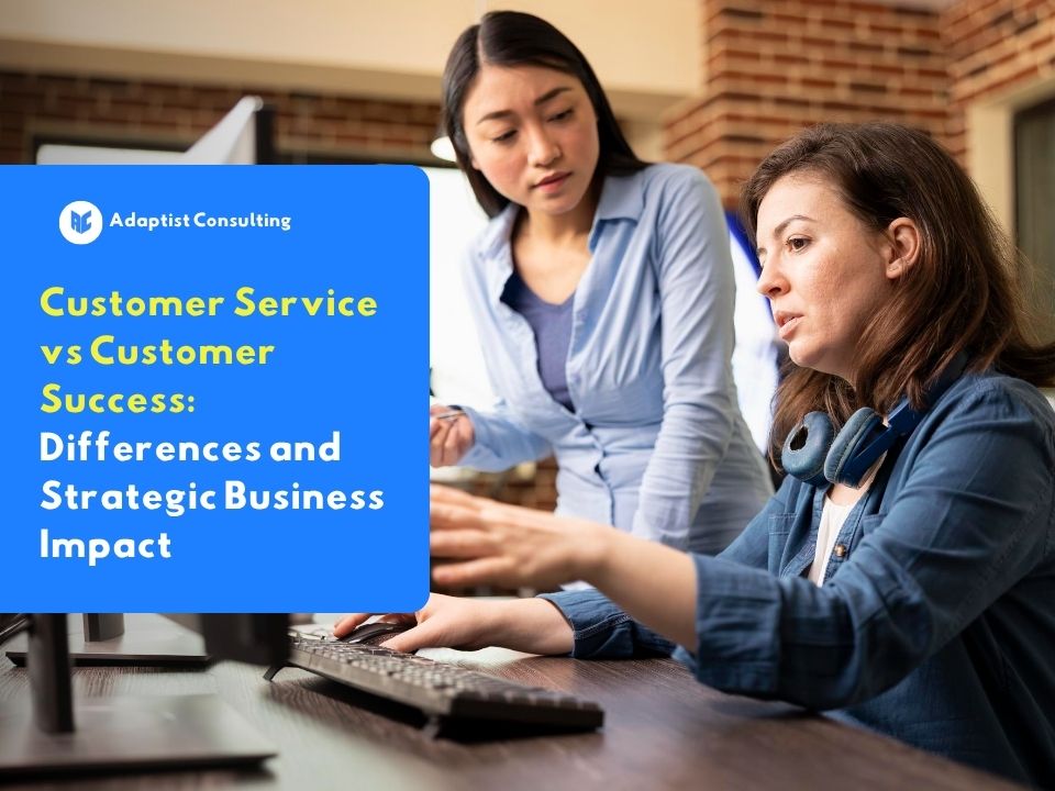 Two professionals collaborating at a computer representing the synergy between customer service and customer success in building long-term client retention strategies.