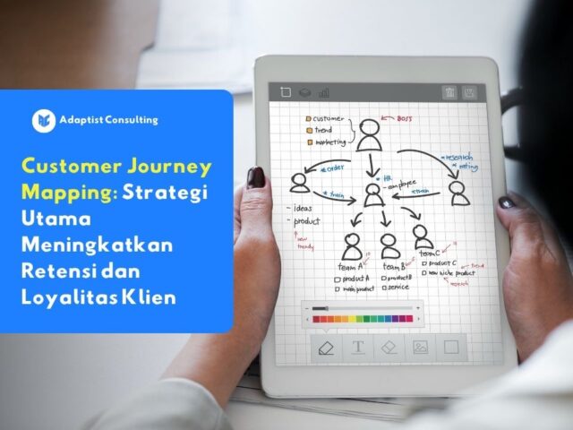 Ilustrasi visualisasi diagram alur pada layar tablet yang merepresentasikan strategi Customer Journey Mapping untuk meningkatkan retensi klien Adaptist Consulting.