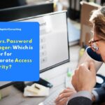 Illustration comparing Single Sign-On (SSO) and Password Manager systems for corporate access security infrastructure.