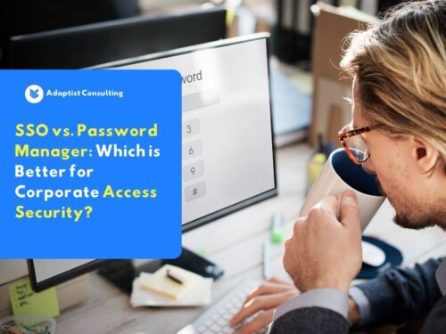 Illustration comparing Single Sign-On (SSO) and Password Manager systems for corporate access security infrastructure.