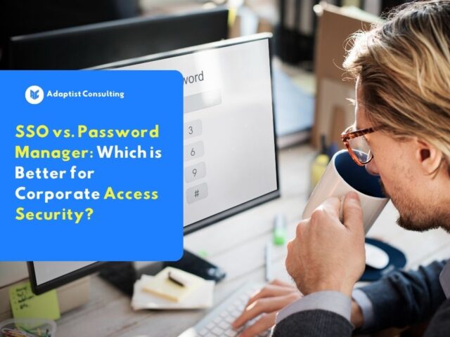 Illustration comparing Single Sign-On (SSO) and Password Manager systems for corporate access security infrastructure.