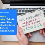 ilustrasi password spraying dengan catatan password lemah di atas laptop.