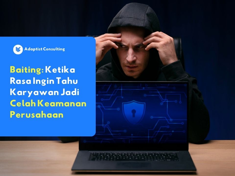 Ilustrasi serangan baiting dalam keamanan siber di mana hacker memanfaatkan rasa ingin tahu karyawan untuk mengeksploitasi celah keamanan perusahaan melalui perangkat digital