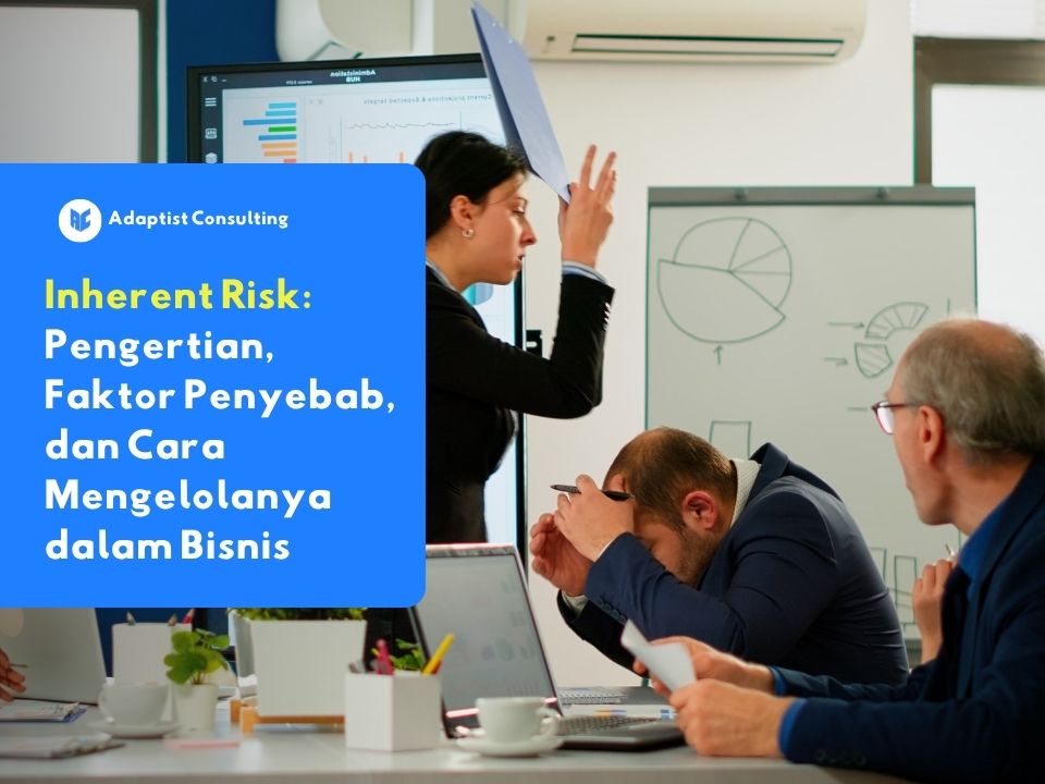 Ilustrasi rapat bisnis dengan tim mengalami tekanan saat membahas inherent risk dan manajemen risiko dalam perusahaan