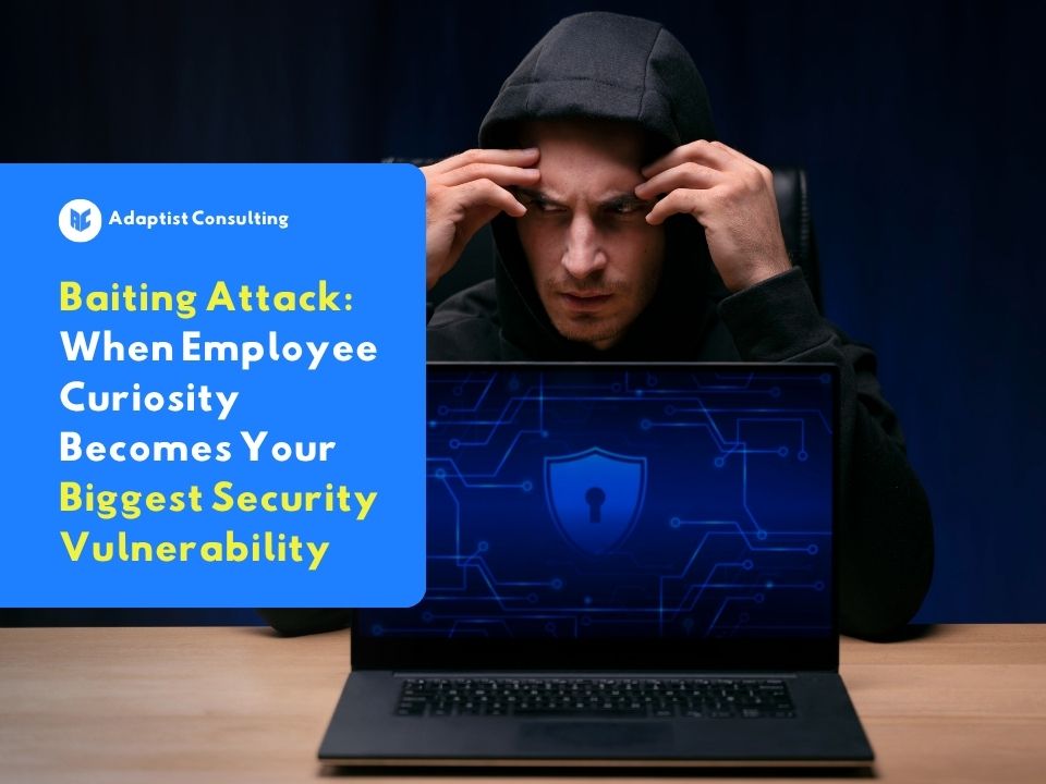 Ilustrasi serangan baiting dalam keamanan siber di mana hacker memanfaatkan rasa ingin tahu karyawan untuk mengeksploitasi celah keamanan perusahaan melalui perangkat digital