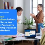 Tim bisnis berdiskusi di kantor dengan visual dashboard workflow, menggambarkan konsep dynamic workflow dalam operasional bisnis modern