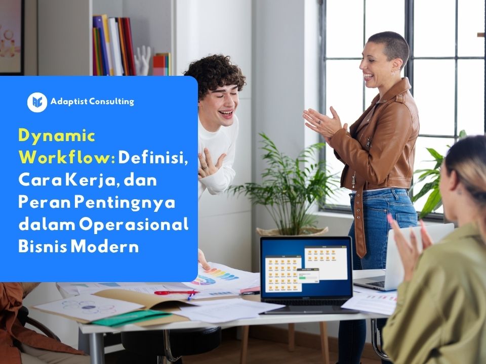 Tim bisnis berdiskusi di kantor dengan visual dashboard workflow, menggambarkan konsep dynamic workflow dalam operasional bisnis modern