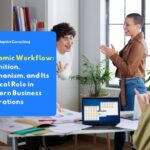The business team is discussing at the office using a visual workflow dashboard, illustrating the concept of dynamic workflows in modern business operations