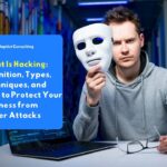 An illustration of a cyberattack on a business system, featuring a hacker wearing a mask in front of a laptop as a symbol of cyberattacks and corporate data security