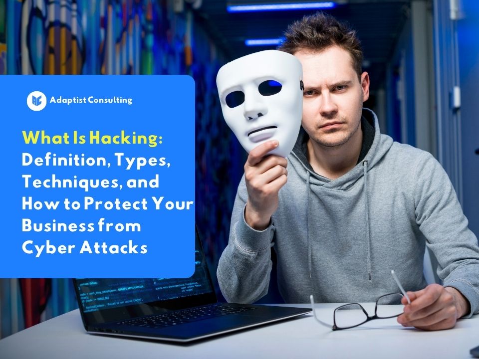 An illustration of a cyberattack on a business system, featuring a hacker wearing a mask in front of a laptop as a symbol of cyberattacks and corporate data security