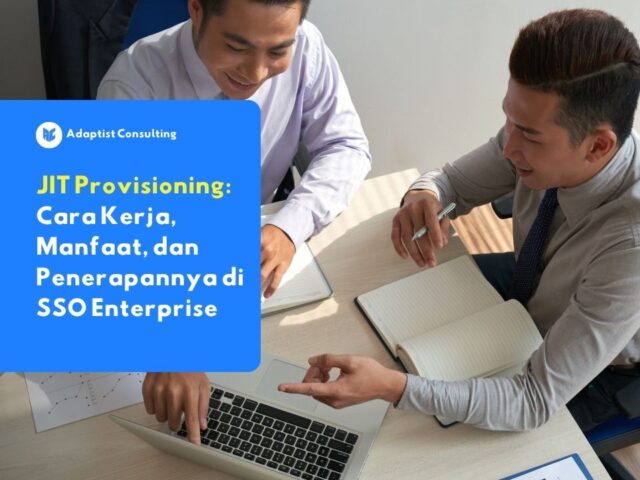 JIT Provisioning untuk SSO enterprise dengan ilustrasi tim profesional sedang membahas otomatisasi akses pengguna dan manajemen identitas perusahaan.