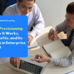JIT Provisioning for enterprise SSO, illustrated by a team of professionals discussing user access automation and enterprise identity management.