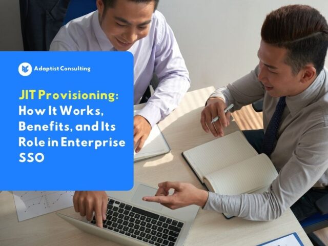 JIT Provisioning for enterprise SSO, illustrated by a team of professionals discussing user access automation and enterprise identity management.