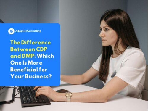 Employees comparing CDP and DMP system architectures through a dashboard screen for enterprise data management strategies.