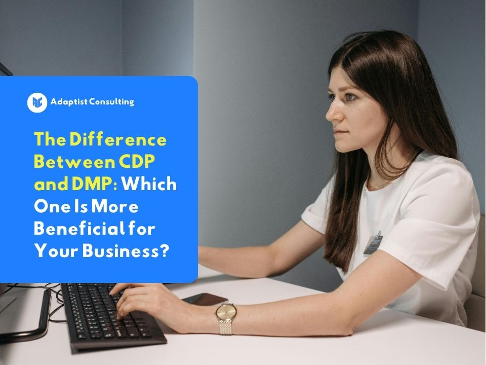 Employees comparing CDP and DMP system architectures through a dashboard screen for enterprise data management strategies.