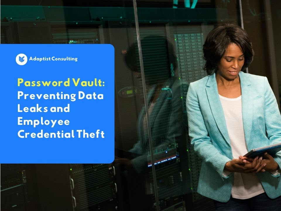 An employee who is focused on working in front of a computer screen while accessing company data securely using a password vault.