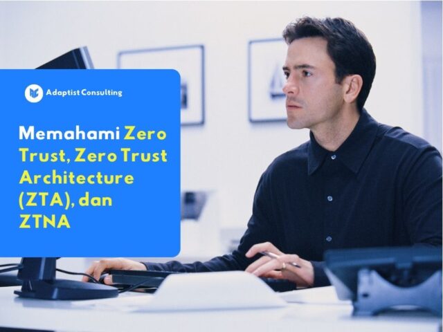 Karyawan yang sedang melakukan verifikasi identitas berlapis sebelum mendapatkan hak akses zero trust menuju dasbor jaringan peladen perusahaan dengan menggunakan autentikasi biometrik adaptif